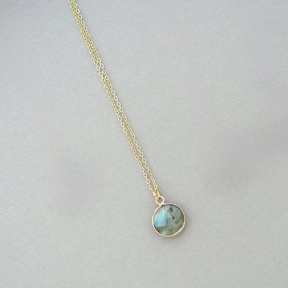 Labradorite Necklace 18" Delicate Gold Tone Chain Round Gemstone Pendant